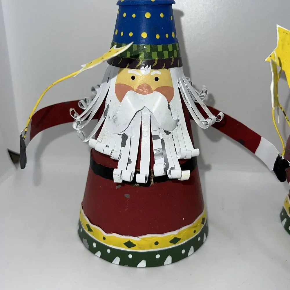 4 Vintage Christmas Cone-shaped Santa Metal Candle Holder Set Of‎ 4 w/Stars